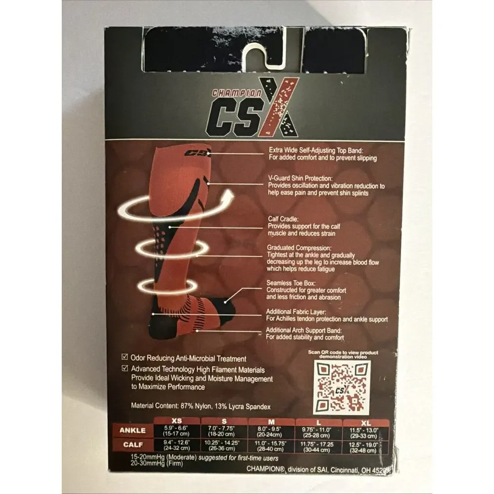 Champion CSX x200BR-M Compression Sport Socks 15-20mmHg Black Red Medium Gift